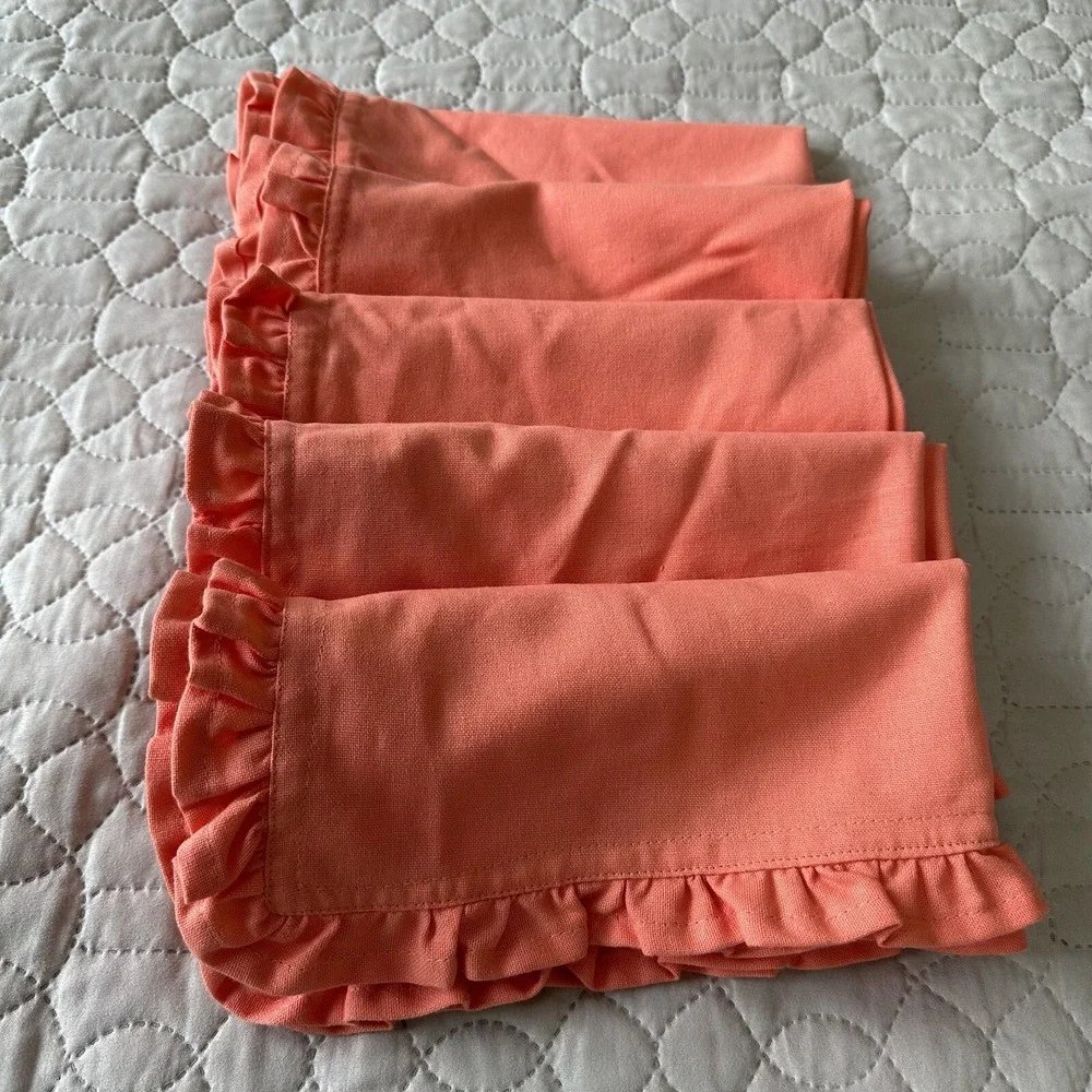Hen House Linens Napkin Ruffle Coral Pink Barbie Shabby Chic Cotton Set 5 20x20